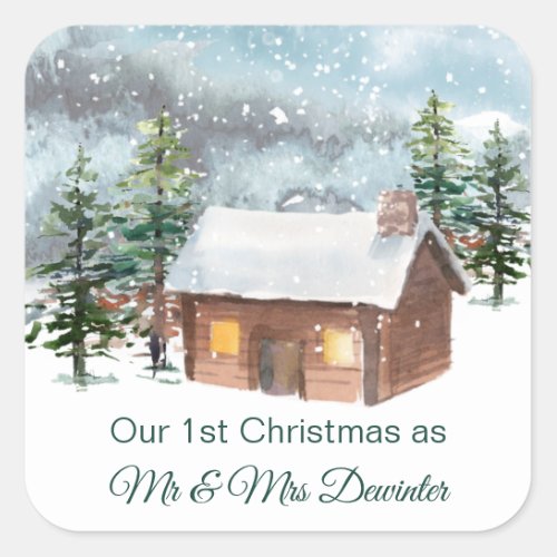 Winter forest log cabin  our 1st Christmas Square Sticker