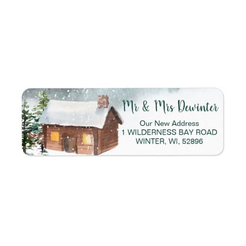 Winter forest log cabin return address label