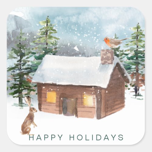 Winter forest log cabin robin hare square sticker
