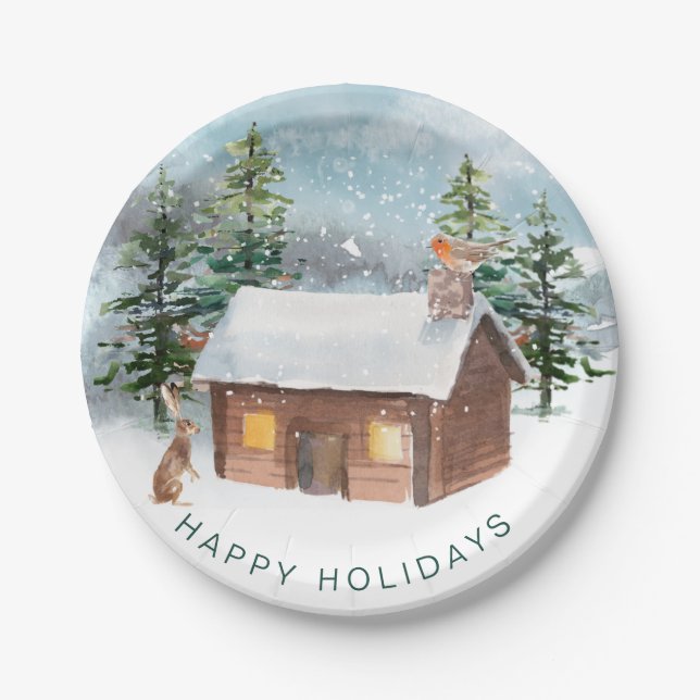 Winter forest, log cabin, robin paper plates (Front)