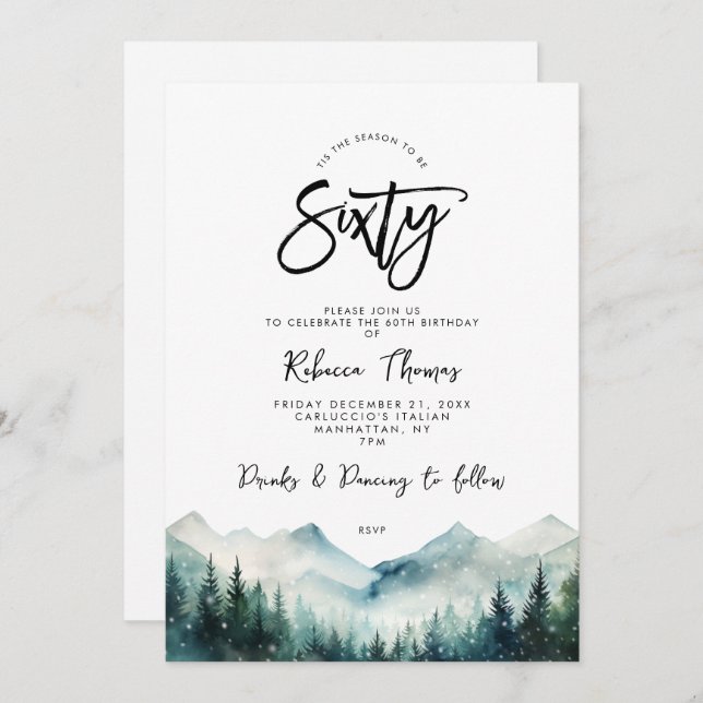 winter forest mountain 60th birthday invitation (Front/Back)
