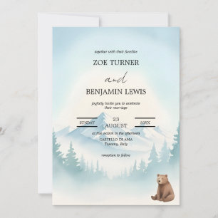 Winter Forest Mountain Bear Watercolor Wedding Invitation