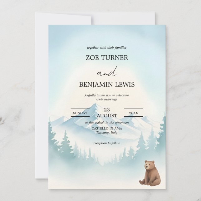Winter Forest Mountain Bear Watercolor Wedding Invitation (Front)
