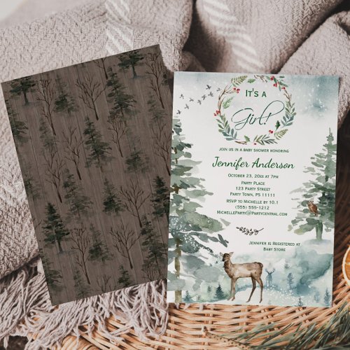 Winter Forest Mountain Deer Owl Baby Girl Shower Invitation