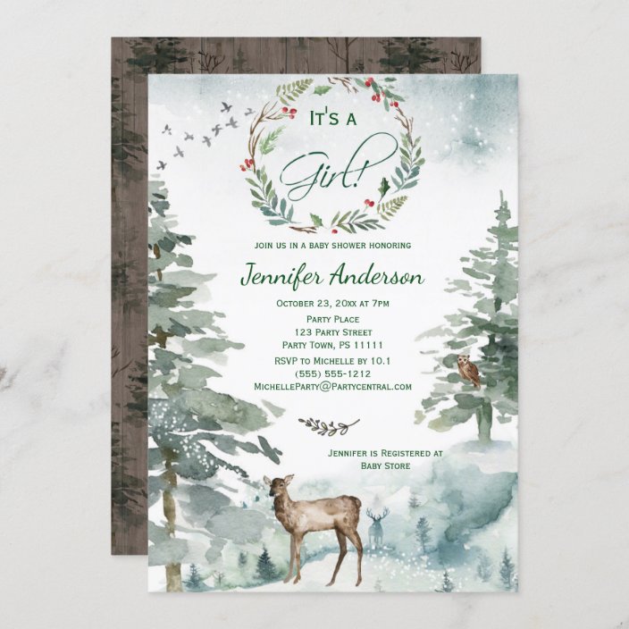 Winter Forest Mountain Deer Owl Baby Girl Shower Invitation Zazzle Com