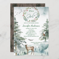 Winter Forest Mountain Deer Owl Baby Girl Shower Invitation