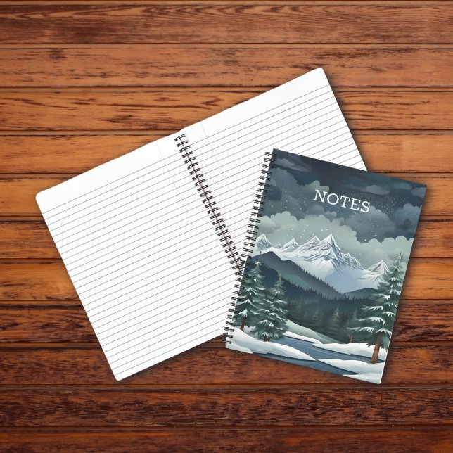 Winter Forest Mountain Scene Personalisable Notebook (Winter Forest mountain notebook with lined pages on a wooden table.)
