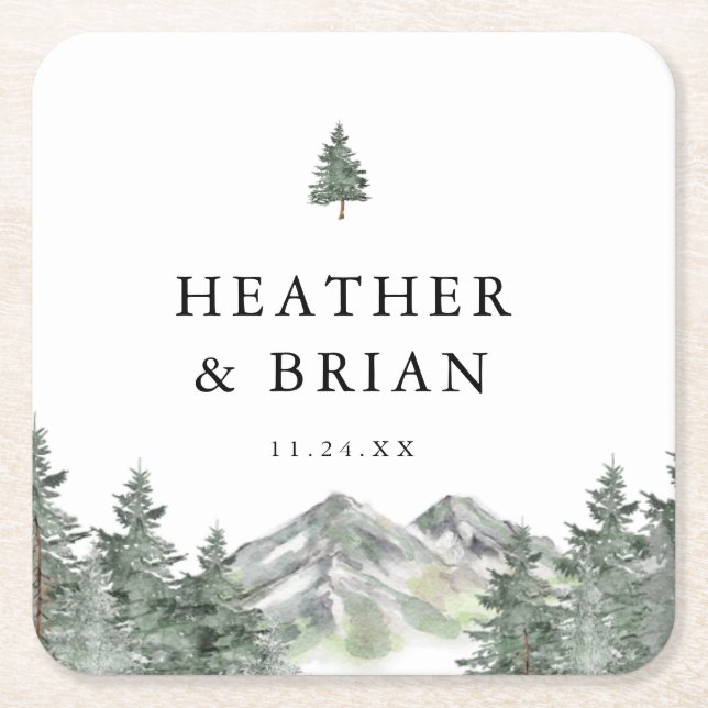 Winter Forest Mountain Wedding Bar Square Paper Coaster (Front)