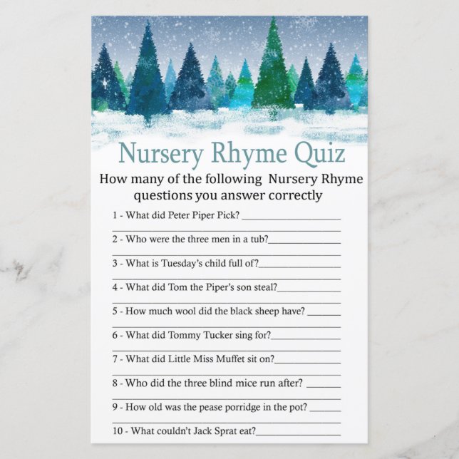 winter forest Nursery Rhyme Quiz baby shower game (Front)