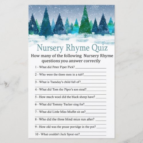 winter forest Nursery Rhyme Quiz baby shower game