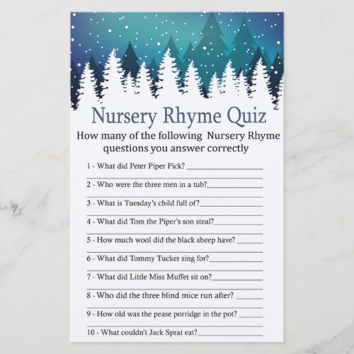 Winter Forest Nursery Rhyme Quiz baby shower game
