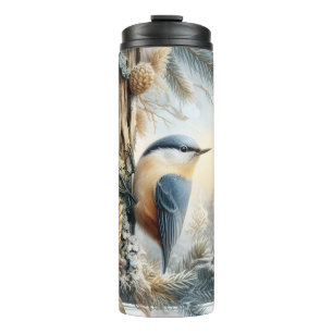 Winter Forest Nuthatch Songbird Watercolor Tumbler