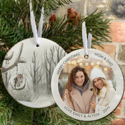 Winter Forest Owl Watercolor Personalized Photo Ceramic Ornament