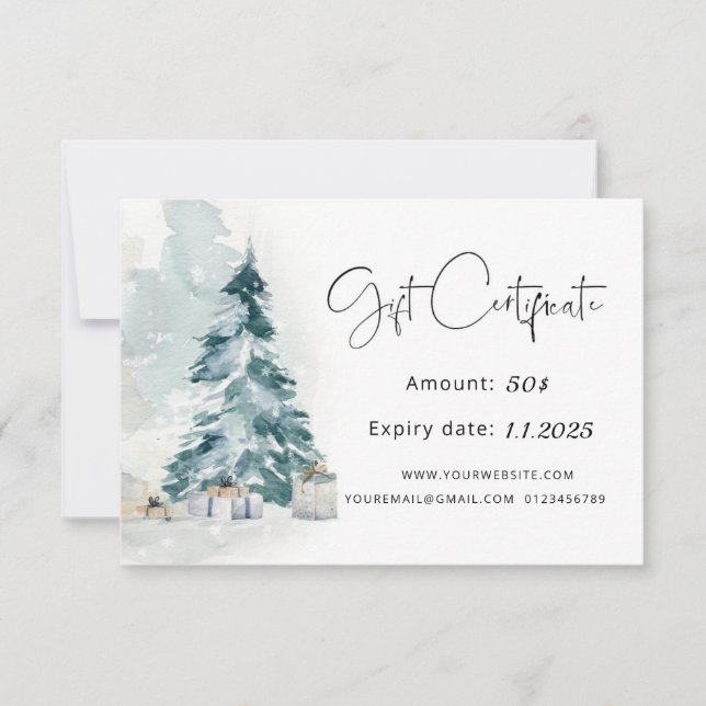 Winter forest pine tree Christmas gift Certificate (Front)