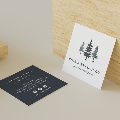 Winter Forest  Pine Tree Logo Square Business Card