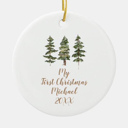 Winter Forest Pine Tree Woodland First Christmas Ceramic Ornament