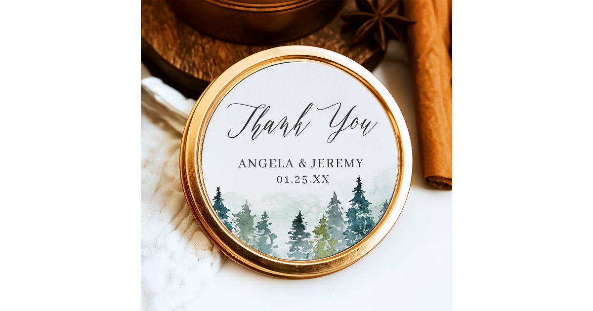 Winter Forest Pine Trees Chic Wedding Thank You Classic Round Sticker ...