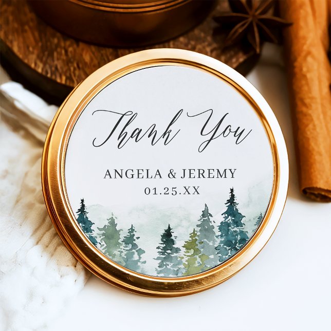 Winter Forest Pine Trees Chic Wedding Thank You Classic Round Sticker (Creator Uploaded)