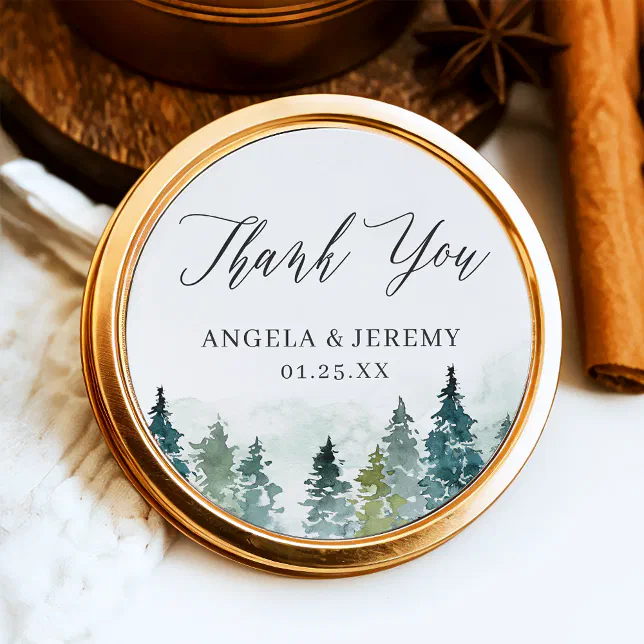 Winter Forest Pine Trees Chic Wedding Thank You Classic Round Sticker ...