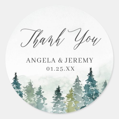 Winter Forest Pine Trees Chic Wedding Thank You Classic Round Sticker