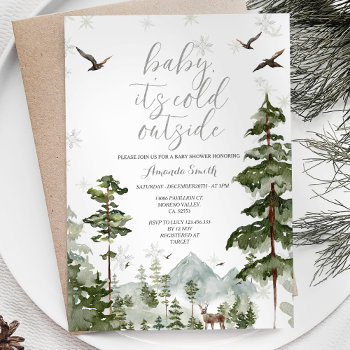 Winter Forest Pine Trees Cold Outside Baby Shower Invitation by HappyPartyStudio at Zazzle