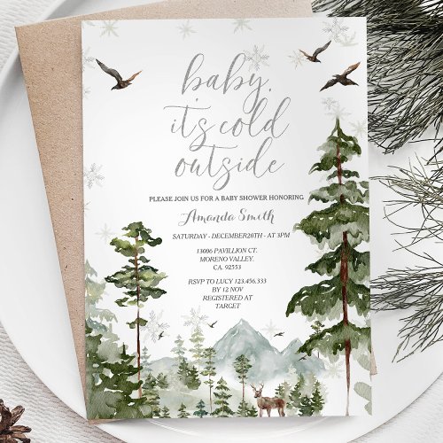 Winter Forest Pine Trees Cold Outside Baby Shower Invitation