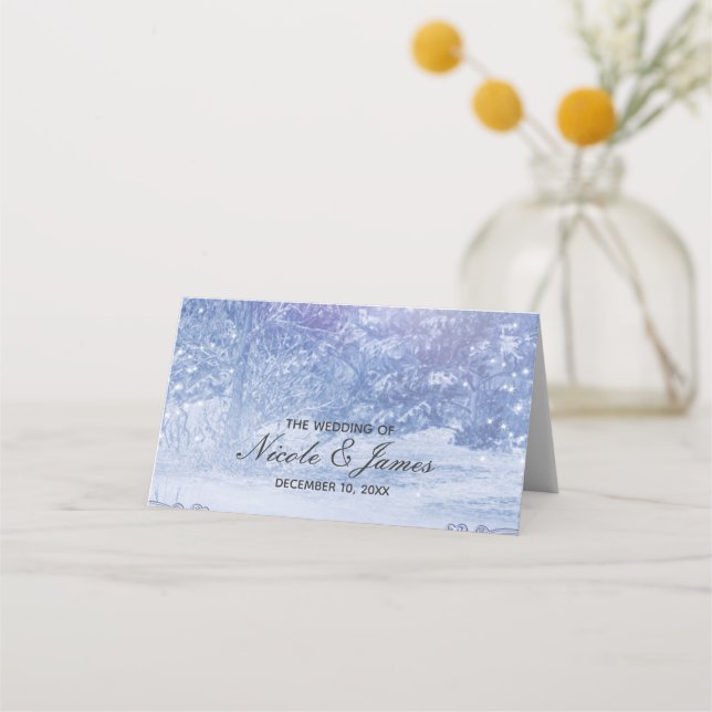 Winter Forest Pine Trees Lights Snowflakes Wedding Place Card (Front)