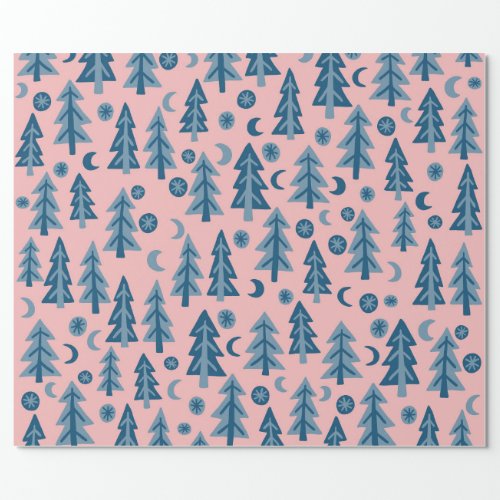 Winter Forest Pine Trees Moon Stars Gift Wrapping Paper