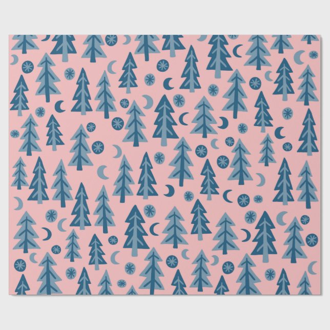 Winter Forest Pine Trees Moon Stars Holiday Gift Wrapping Paper (Flat)