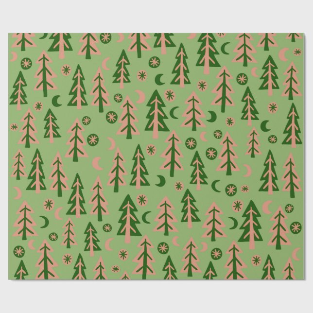 Winter Forest Pine Trees Moon Stars Holiday Wrapping Paper (Flat)