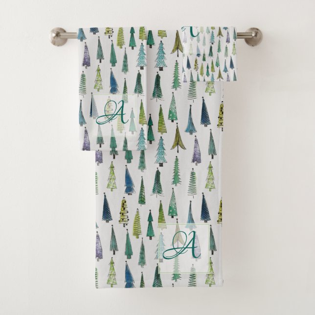 Winter Forest Pine Trees Pattern Monogrammed Decor Bath Towel Set (Insitu)