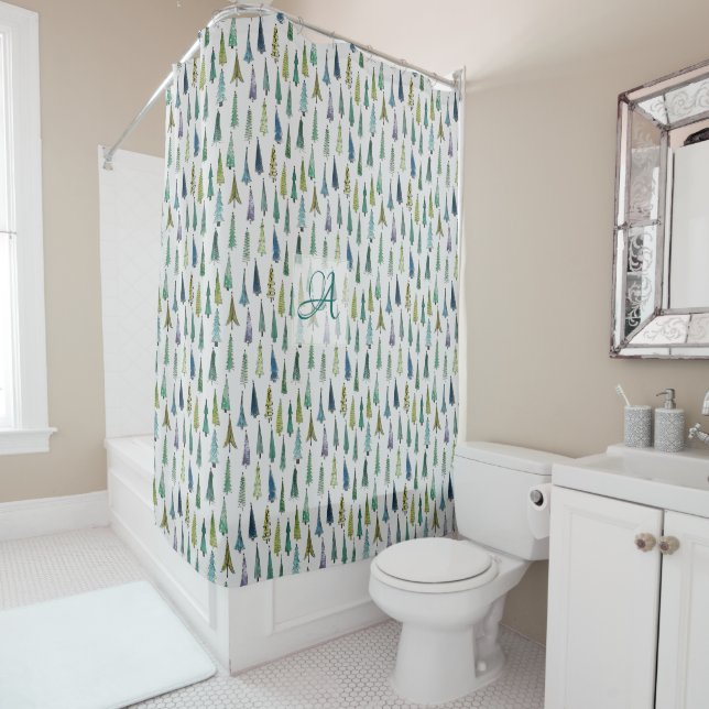 Winter Forest Pine Trees Pattern Monogrammed Decor Shower Curtain (In Situ)