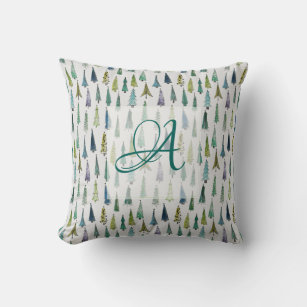 Winter Forest Pine Trees Pattern Monogrammed Decor Throw Pillow