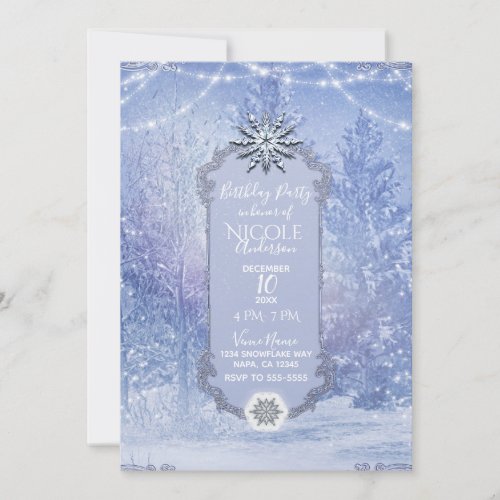 Winter Forest Pine Trees Snowflakes Birthday Party Invitation