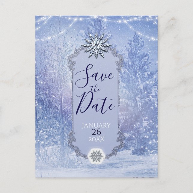Winter Forest Pine Trees Snowflakes Save the Date Announcement Postcard (Front)