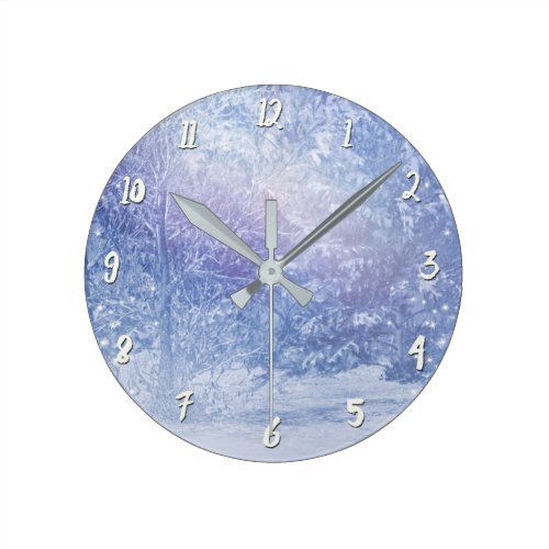 Winter Forest Pine Trees Snowflakes Snowy Woods Round Clock