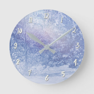 Winter Forest Pine Trees Snowflakes Snowy Woods Round Clock