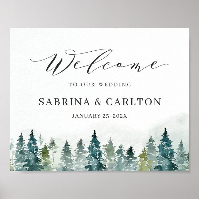Winter Forest Pine Trees Wedding Welcome Sign (Front)