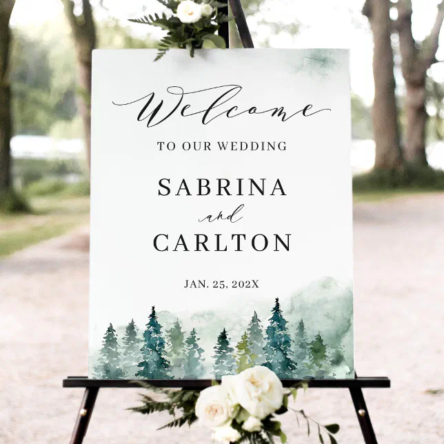 Winter Forest Pine Trees Welcome Wedding Sign | Zazzle