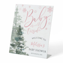 Winter Forest Pink Baby Shower Welcome Pedestal Sign