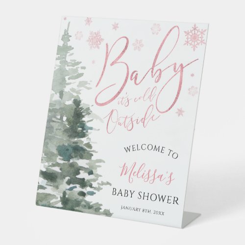 Winter Forest Pink Baby Shower Welcome Pedestal Sign