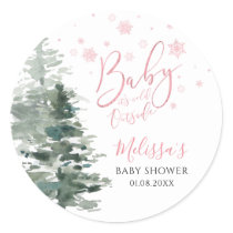 Winter Forest Pink It's Cold Outside Baby Shower Classic Round Sticker