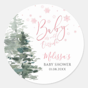 Winter Forest Pink It's Cold Outside Baby Shower Classic Round Sticker