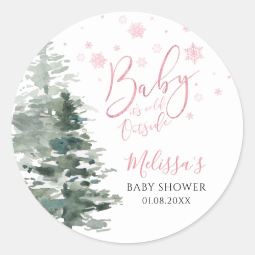 Winter Forest Pink Its Cold Outside Baby Shower Classic Round Sticker