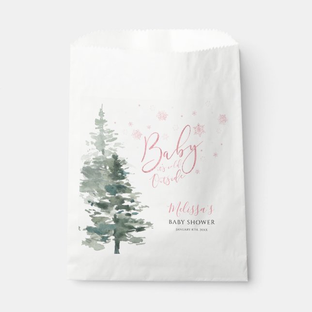 Winter Forest Pink It's Cold Outside Baby Shower Favor Bag (Front)