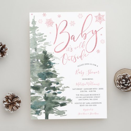 Winter Forest Pink Its Cold Outside Baby Shower Invitation