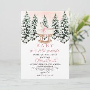 Winter Forest Pink It's Cold Outside Baby Shower Invitation