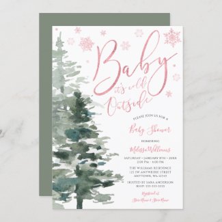 Pink Winter forest baby shower invitation for a girl
