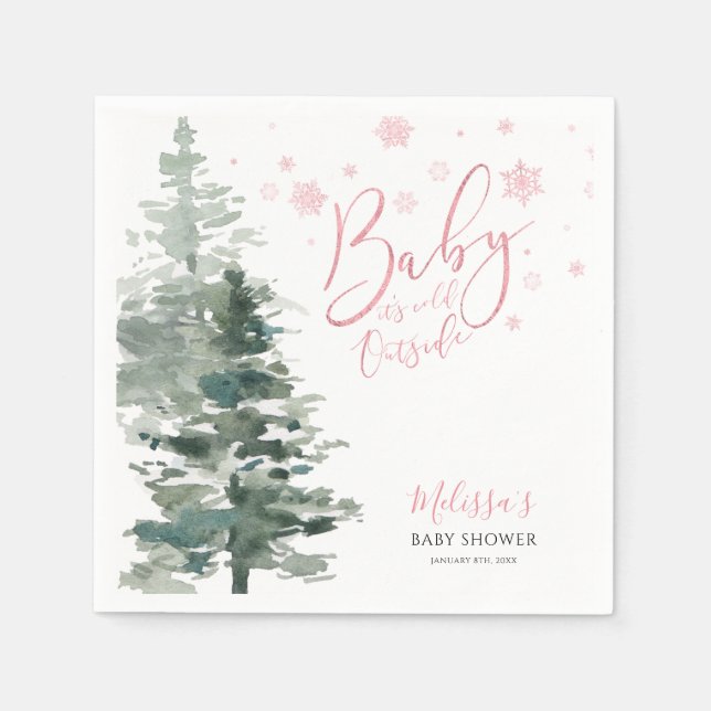 Winter Forest Pink It's Cold Outside Baby Shower Napkins (Front)