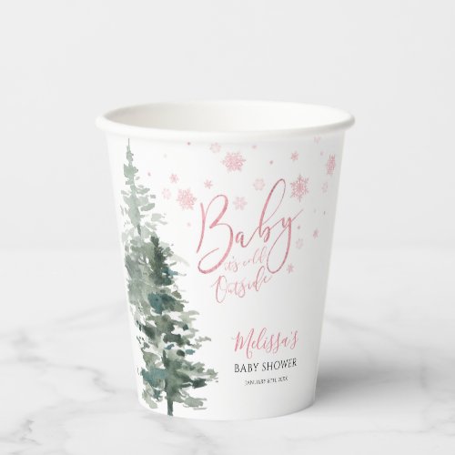 Winter Forest Pink Its Cold Outside Baby Shower Paper Cups